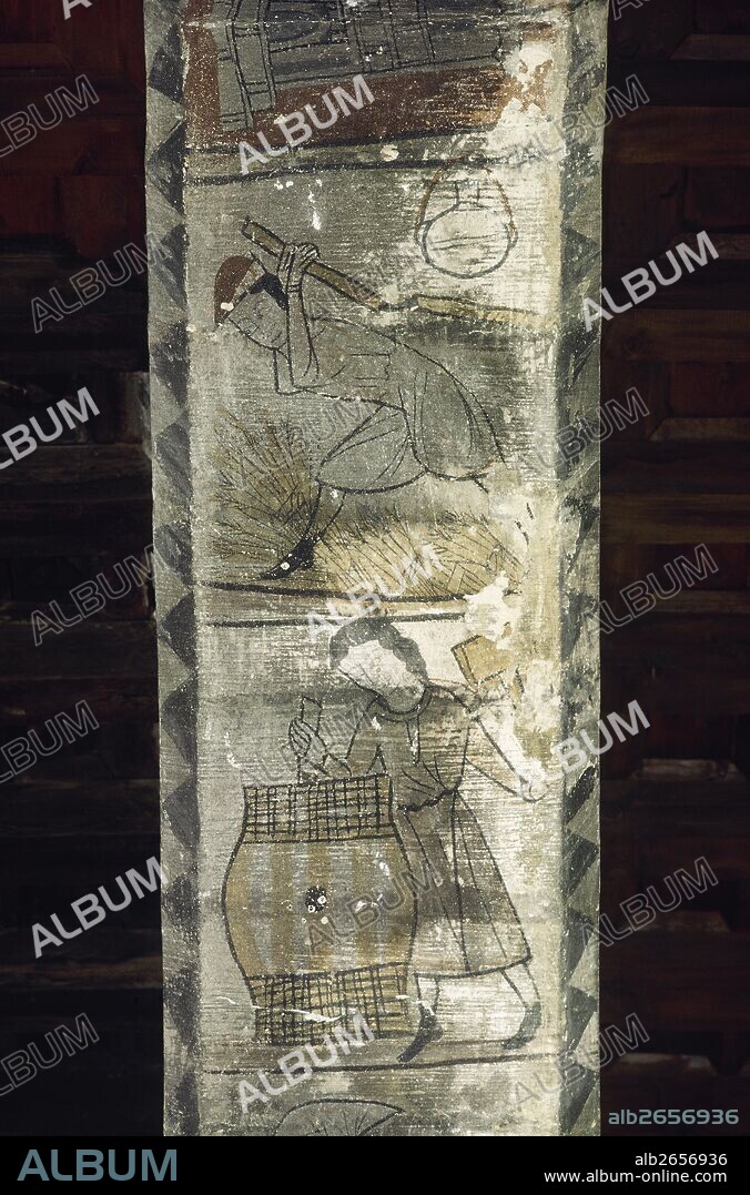 SIGLO XIV. Pinturas con la representación de un AGRICULTOR REALIZANDO LABORES AGRICOLAS y un ARTESANO ELABORANDO TONELES. Detalle que ilustra las labores desarrolladas durante el mes de septiembre. CASTILLO DE ALCAÑIZ. Provincia de Teruel. Aragón.
