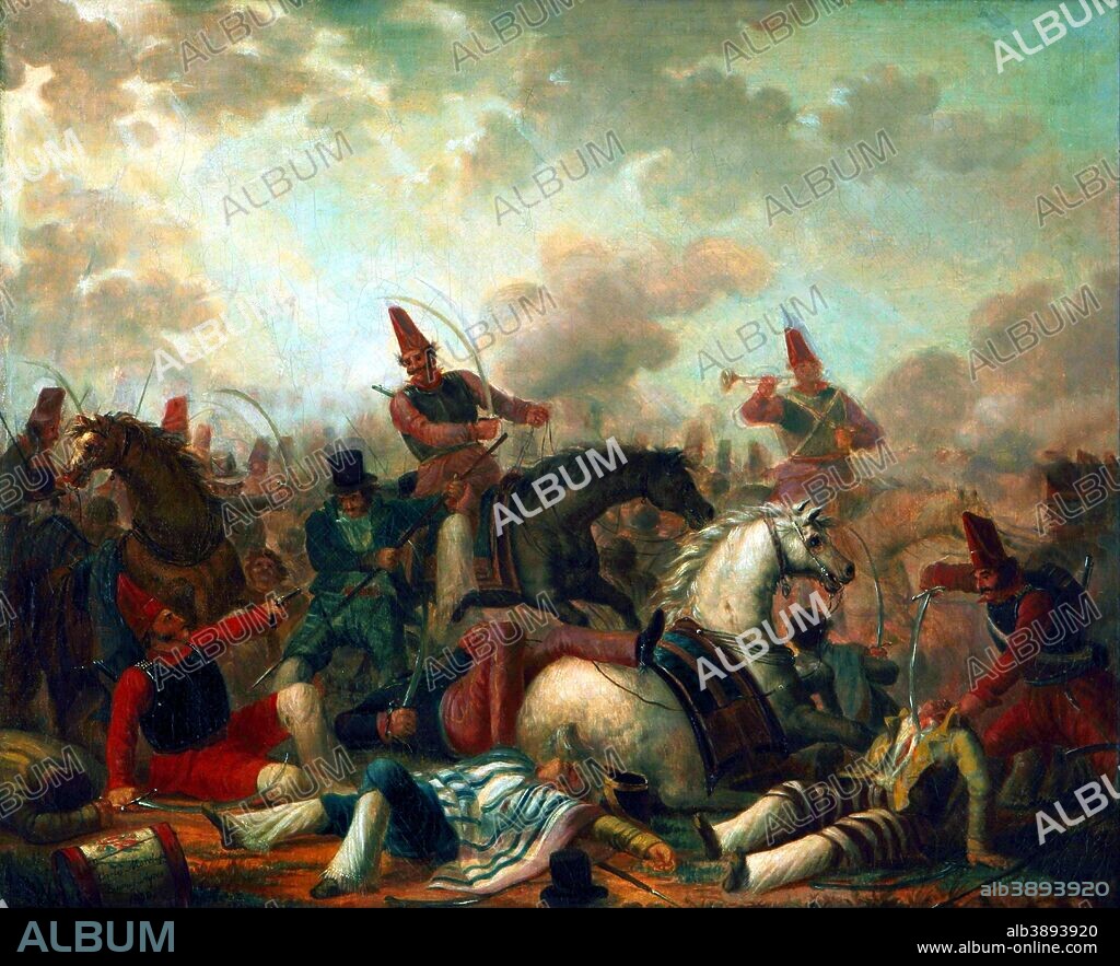 CARLOS MOREL. Combate de caballería en la época de Rosas. Date/Period: Ca. 1839. Painting. Oil on canvas. Height: 450 mm (17.71 in); Width: 540 mm (21.25 in).