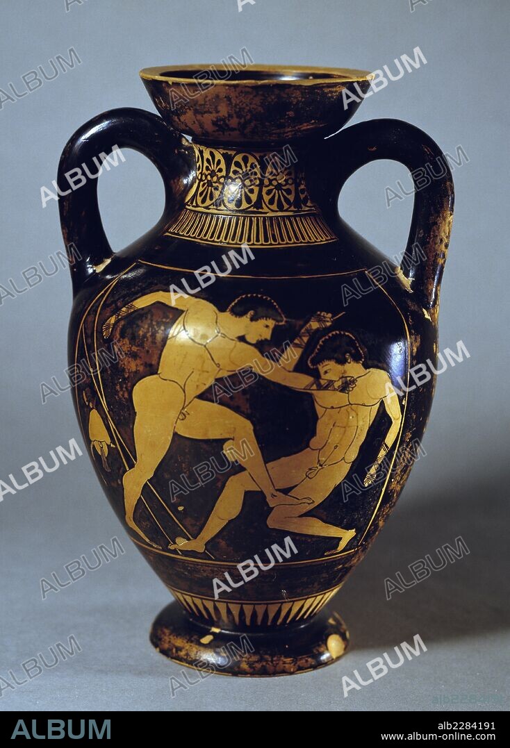 Panathenaic amphora depicting a fight scene (Inv. No. 1698). Greek civilisation, 5th century BC.