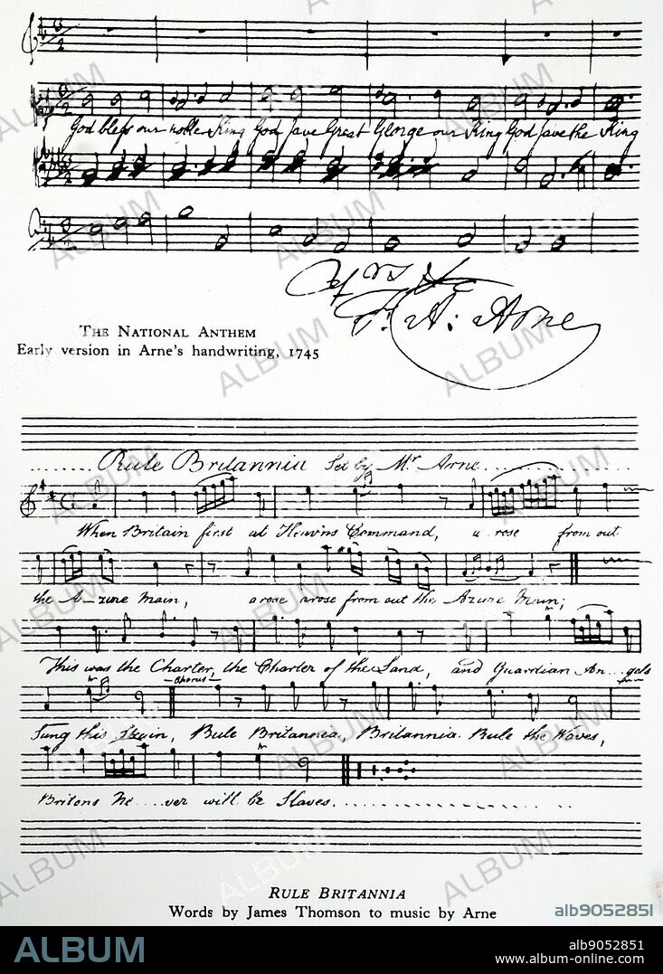 Sheet music for the British National Anthem and Rule Britannia composed by Thomas Arne. Thomas Arne (1710-1778) an English composer. Dated 18th century.