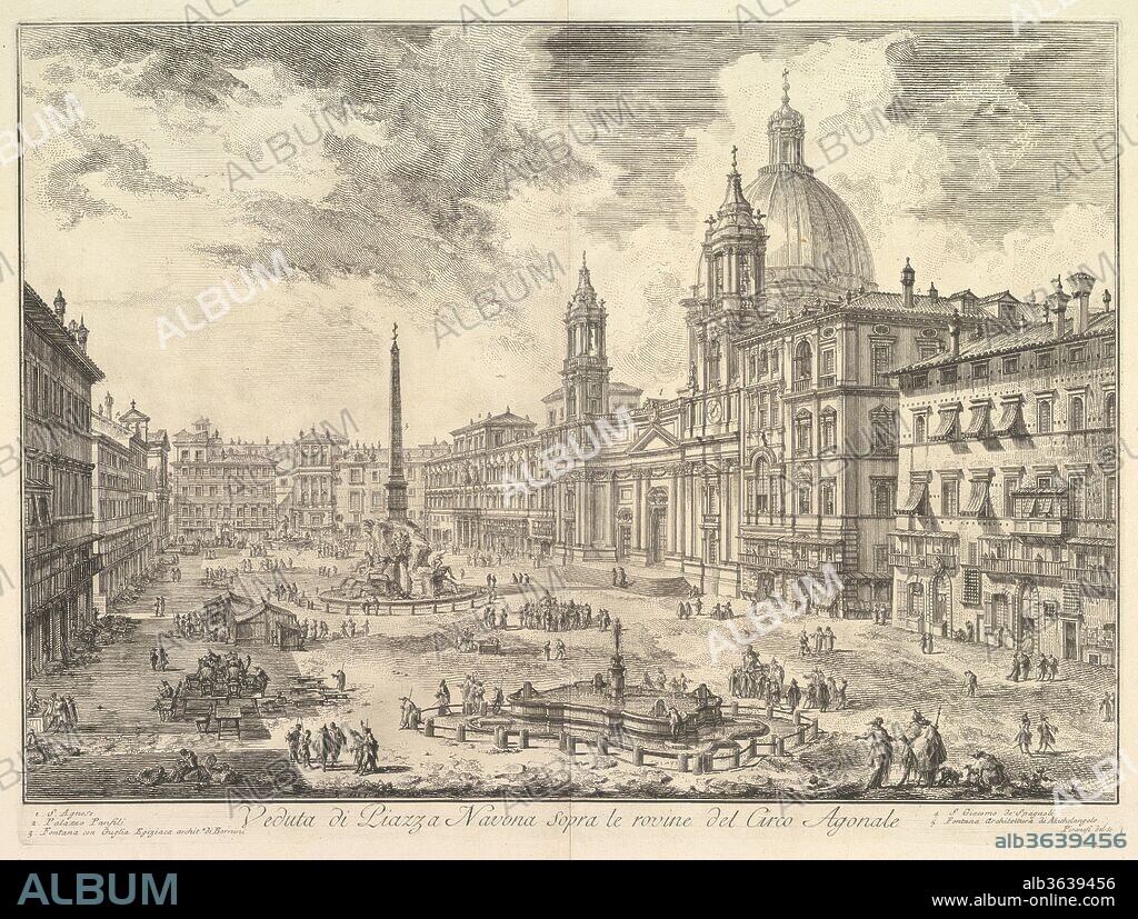 The Piazza Navona, Rome, above the ruins of the Circus of Domitian, the Church of Sant' Agnese to the right, Bernini's fountain in the centre, from the 'Vedute di Roma' (Views of Rome). Artist: Giovanni Battista Piranesi (Italian, Mogliano Veneto 1720-1778 Rome). Dimensions: Sheet: 19 1/2 × 23 1/4 in. (49.5 × 59 cm)
Plate: 16 1/8 × 21 7/16 in. (41 × 54.5 cm). Date: 1760-1778.