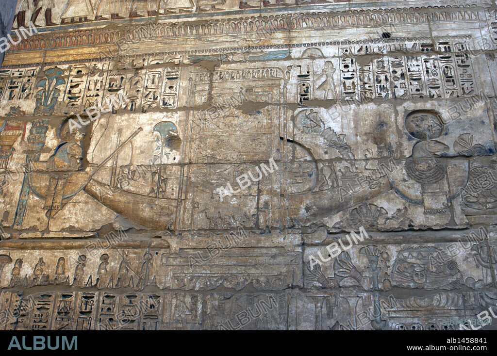 Temple of Ramses III. Sacred solar boat procession. Relief. New Kingdom. (1550-1069 b.C). Twentieth dynasty. Thebes. Medinet-Habou. Egypt.
