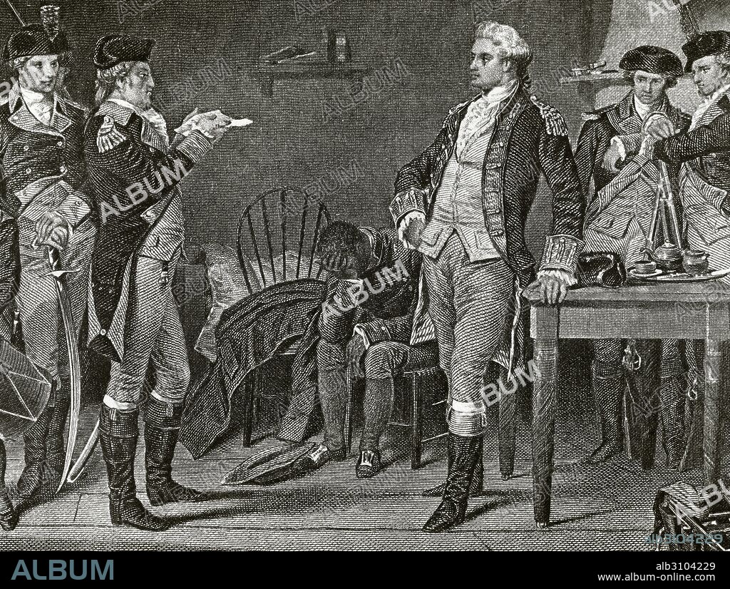 John Andre (1750-1780). Oficial del Ejército Británico. Ejecutado como espía por el Ejército Continental durante la Guerra de Independencia de los Estados Unidos por su colaboración en la conspiración de Benedict Arnold (1741-1801). Entrega de la sentencia de muerte al Mayor André por traición. Grabado.