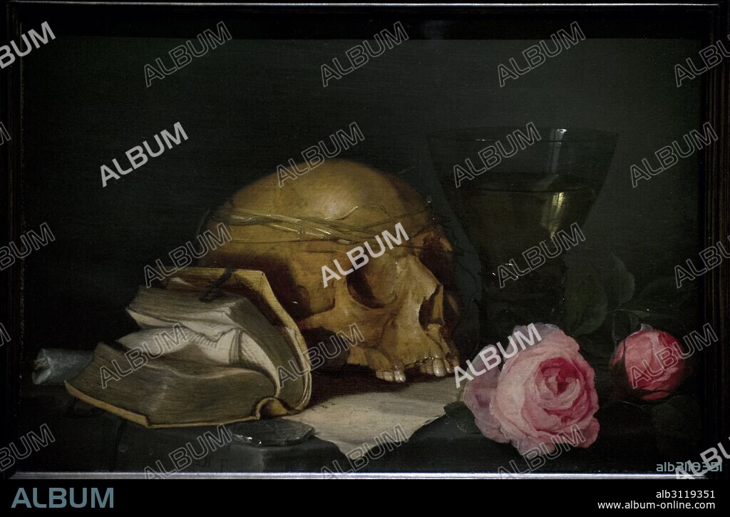Jan Davidsz. de Heem (1606-1683/1684). Flemish painter. A Vanitas Still Life with a Skull, a Book and Roses, c. 1630. National Museum. Stockholm. Sweden.