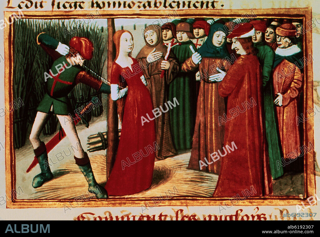 JUANA DE ARCO EN LA HOGUERA - MINIATURA MEDIEVAL - SIGLO XV.