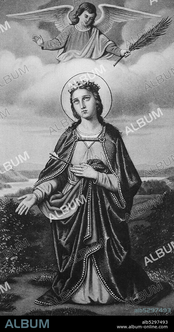 St. Ursula, St. Ursula from Cologne said to have lived in the 4th century AD  /  St. Ursula, die heilige Ursula von Köln soll im 4. Jahrhundert nach Christus gelebt haben, Historisch, historical, digital improved reproduction of an original from the 19th century / digitale Reproduktion einer Originalvorlage aus dem 19. Jahrhundert.