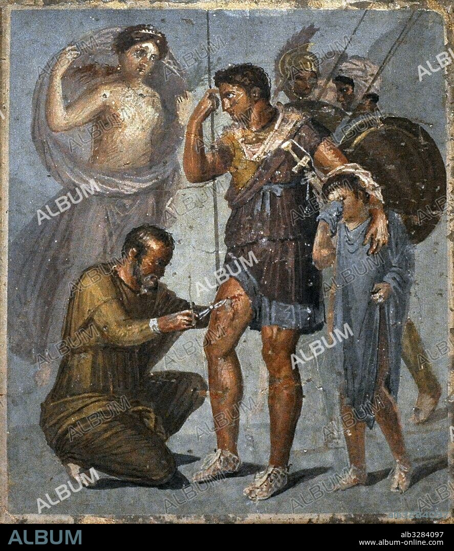Fresco romano. Eneas herido tras luchar contra Truno, rey de los Rútulos, es curado por le médico Lápix, mientras lo acompaña la diosa Venus. Siglo I-III d. C. Casa de Sirico, VII, 1, 25. Pompeya. Museo Arqueológico Nacional. Nápoles. Italia.