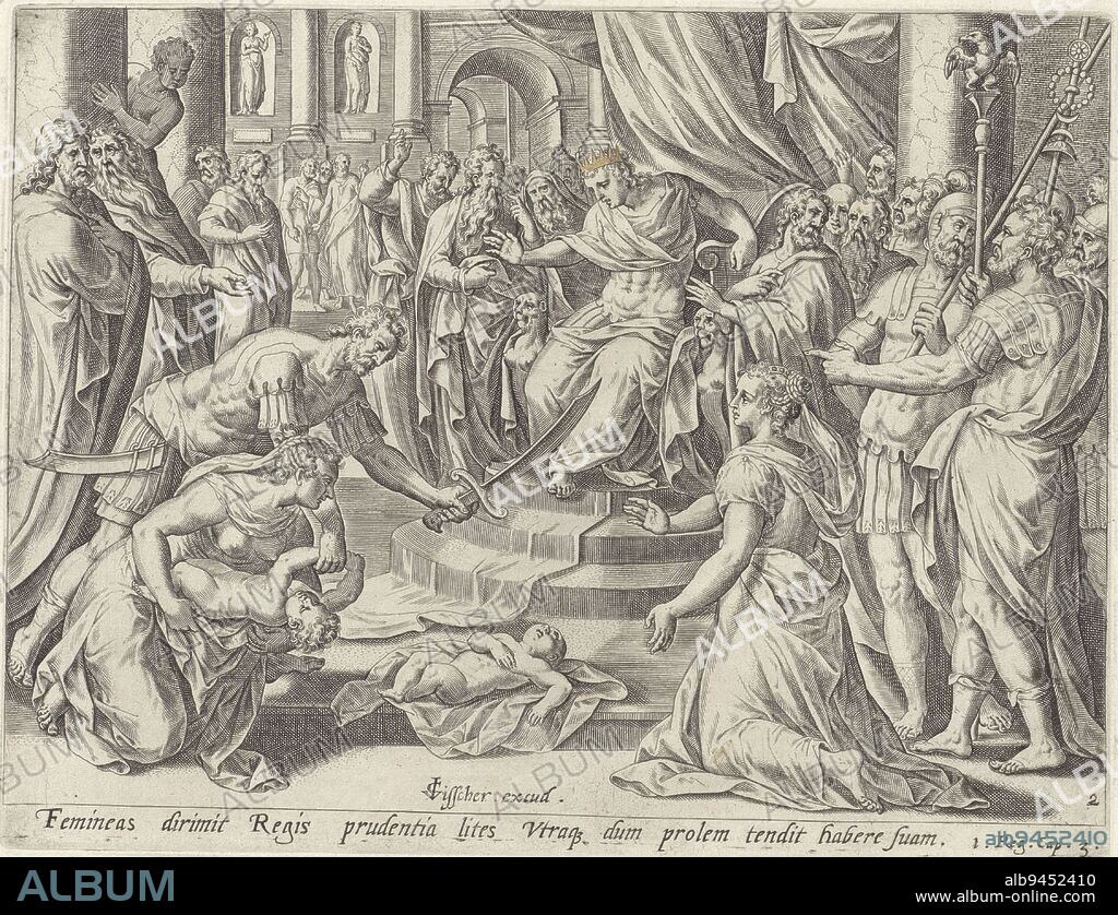 King Solomon sits on his throne and passes judgment. In front of the throne the two women both claiming motherhood of the living child. On the ground lies the deceased child. Solomon orders the living baby to be split in two to determine who is the child's mother. A man draws his sword and grabs the child by the arm. Below the representation a reference in Latin to the Bible text in 1 Kings 3, Judgment of Solomon History of Solomon Theatrum biblicum , print maker: Hans Collaert (I), (attributed to), Jan Snellinck (I), publisher: Claes Jansz. Visscher (II), (mentioned on object), Amsterdam, 1579 and/or 1596 - 1643, paper, engraving, h 185 mm × w 242 mm.