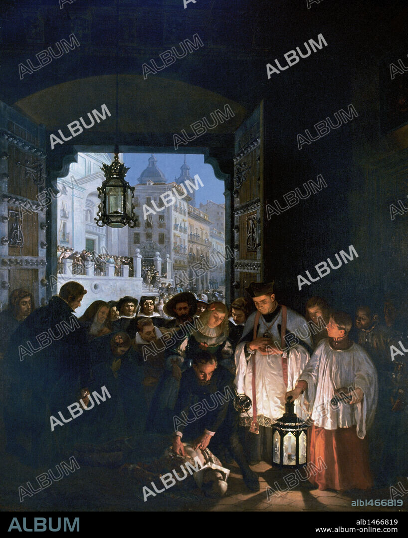 VILLAMEDIANA, Juan de Tassis Peralta, conde de (Lisboa,1582-Madrid,1627). Poeta español. "MUERTE DEL CONDE DE VILLAMEDIANA". Oleo sobre lienzo de Manuel CASTELLANO (1826-1880) realizado en el año 1868. Pintura que refleja la muerte de Juan de Tassis y Peralta, conde de Villamediana acaecida el 21 de agosto de 1622. Museo del Prado. Depositado en el Museo Municipal de Madrid. España.