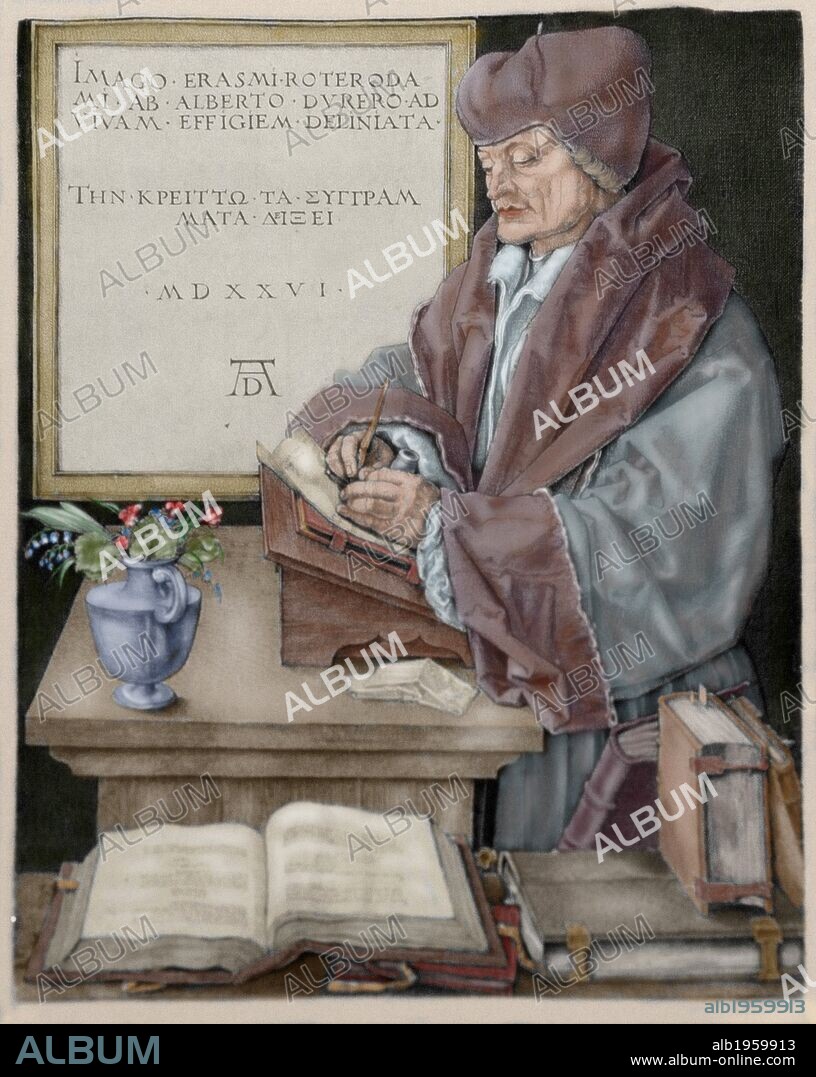ALBRECHT DÜRER. Erasmus of Rotterdam (1466-1536). Dutch humanist. Burin engraving by Albrecht Durer (1471-1528), 1526. Colored.