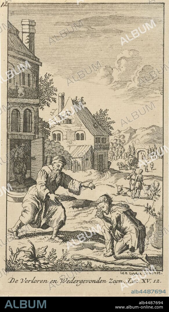 Return of the lost son The Lost and Found Son Twenty-four scenes from the New Testament (series title), the parable of the prodigal son (Luke 15: 11-32), anonymous, 1720, paper, etching, h 125 mm × w 70 mm.