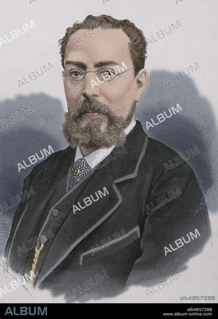 Manuel Tamayo y Baus (1829-1898). Spanish playwright. Perpetual secretary of the Real Academia Española (Royal Spanish Academy). Portrait. Illustration by Badillo. Engraving by Arturo Carretero (1852-1903). Later colouration. The Spanish and American Illustration (La Ilustración Española y Americana), 1884.