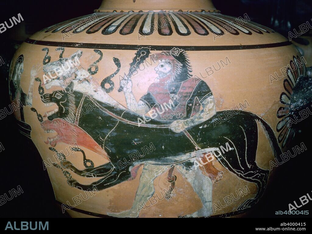 Greek vase painting of Heracles and Cerberus.