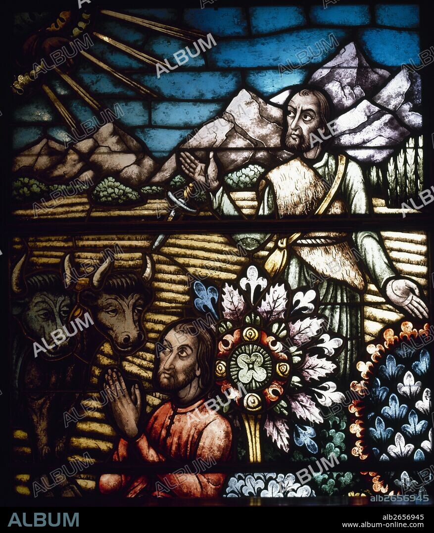 ARTE GOTICO-TARDIO. ESPAÑA. Siglos XV-XVI. MONASTERIO DE NUESTRA SEÑORA DE VALVANERA. Detalle de una VIDRIERA que representa las LABORES DEL CAMPO. Alrededores de Anguiano. La Rioja. España.