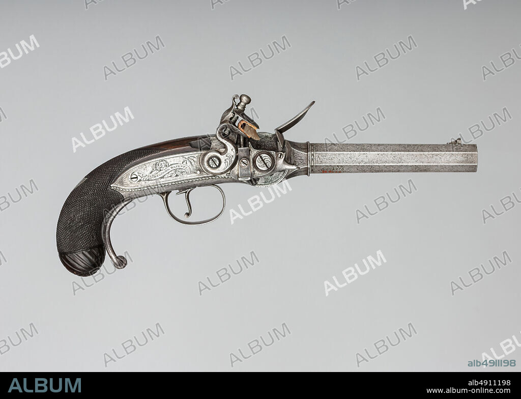 Harvey Walklate Mortimer, Flintlock Repeating Pistol with Lorenzoni Action, Bearing the Crests of Vice Admiral Horatio Nelson (17581805), with Case and Accessories, British, London, ca. 179899, London, British, London, Pistol: steel, wood (walnut), silver; reserve barrel: steel; bullet mould: steel; punch; steel; wrench: steel; case: wood (mahogany), brass, textile, paper, Pistol (a): L. 14 1/2 in. (36.8 cm); L. of barrel 6 in. (15.2 cm); Cal.55 in. (14 mm); Wt. 3 lb. 15 oz. (1786 g); reserve barrel (b): L. 6 1/8 in. (15.6 cm); Wt. 14.4 oz. (408.2 g); bullet mould (c): L. 5 3/8 in. (13.7 cm); Wt. 2.6 oz. (73.7 g); punch (d): L. 5 1/2 in. (14 cm); Wt. 4.4 oz. (124.7 g); wrench (e): L. 3 3/4 in. (9.5 cm); Wt. 1.6 oz. (45.4 g); case (f): H. 4 1/8 in. (10.5 cm); W. 15 9/16 in. (39.5 cm); D. 7 5/8 in. (19.4 cm); Wt. 6 lb. 7.2 oz. (2925.7 g), Firearms-Pistols-Flintlock.