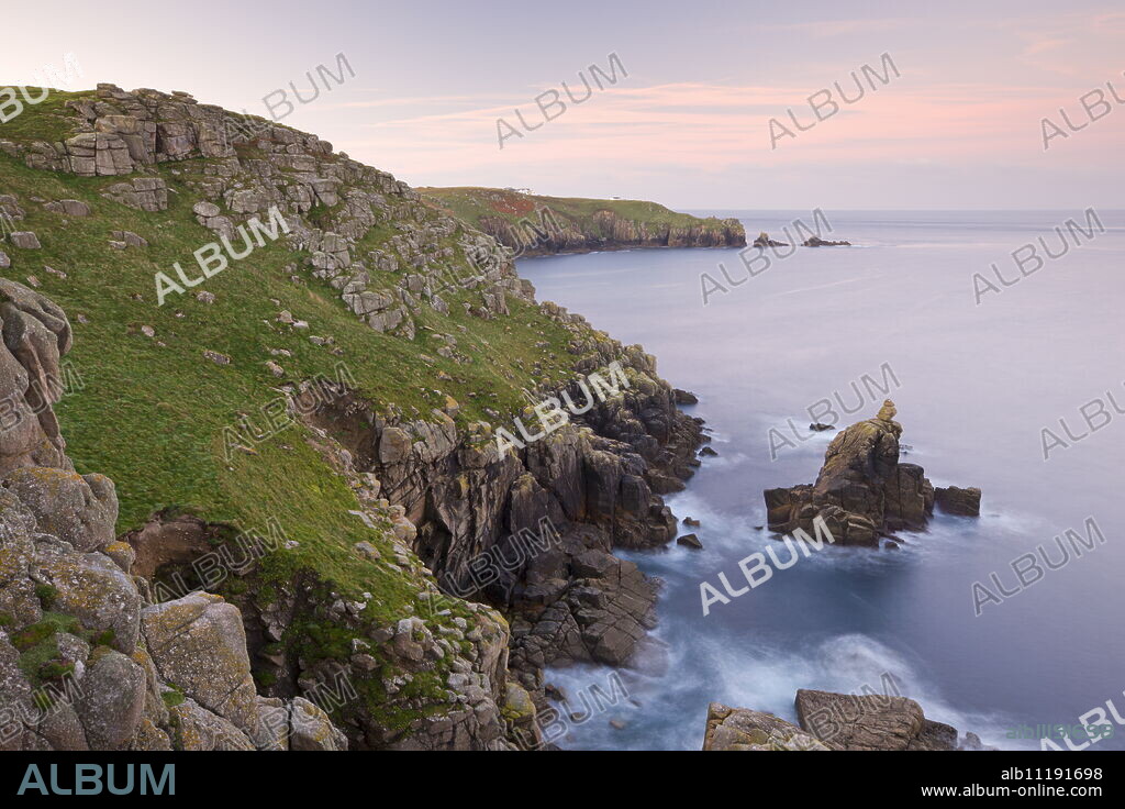 Looking towards the Irish Lady stack and Dr. Syntax's Head from the cliffs of Pedn-men-du, Lands End, Cornwall, England, United Kingdom, Europe.