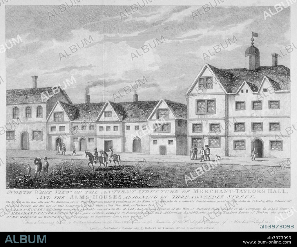 Merchant Taylors' Hall, Threadneedle Street, City of London, 1817. North-west view of the Merchant Taylors' Hall and adjoining almshouses. The Merchant Taylors' almshouses were relocated to Tower Hill at the end of the 16th Century.