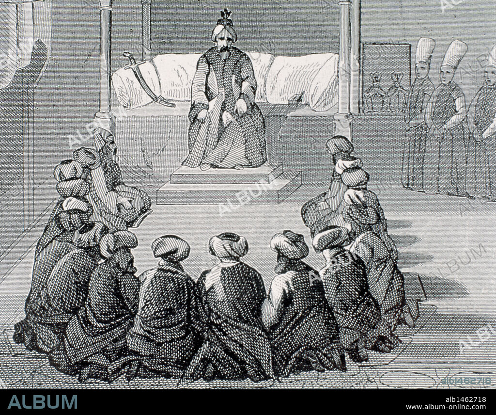IMPERIO OTOMANO. TURQUIA. "AUDIENCIA ANTE EL GRAN VISIR". Grabado del s. XIX.