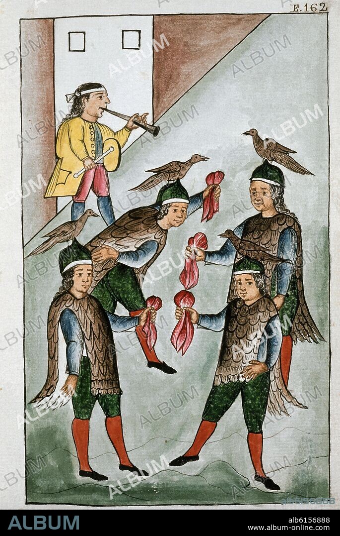 BALTASAR JAIME MARTÍNEZ COMPAÑÓN. CODICE TRUJILLO DEL PERU - TOMO II E 162 - DANZA DE LOS PAJAROS - ACUARELA - SIGLO XVIII.