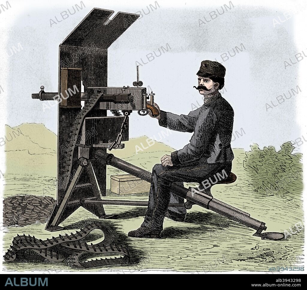 Maxim machine gun, c1895. The engineer Hiram Maxim developed the first fully automatic machine gun (1884) which he offered to the United States War and Navy departments. They refused him and he then offered it to the British and it was adopted by the War Office. By 1891 it was standard issue for the British Army. From Der Stein der Weisen. (Leipzig c1895). (Colorised black and white print).