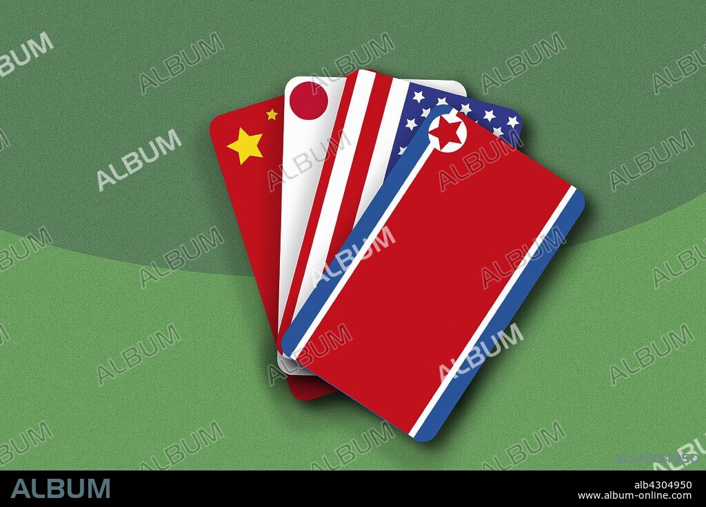 Chinese flag, Japanese flag, Stars and Stripes and North Korean flag as hand of cards.
