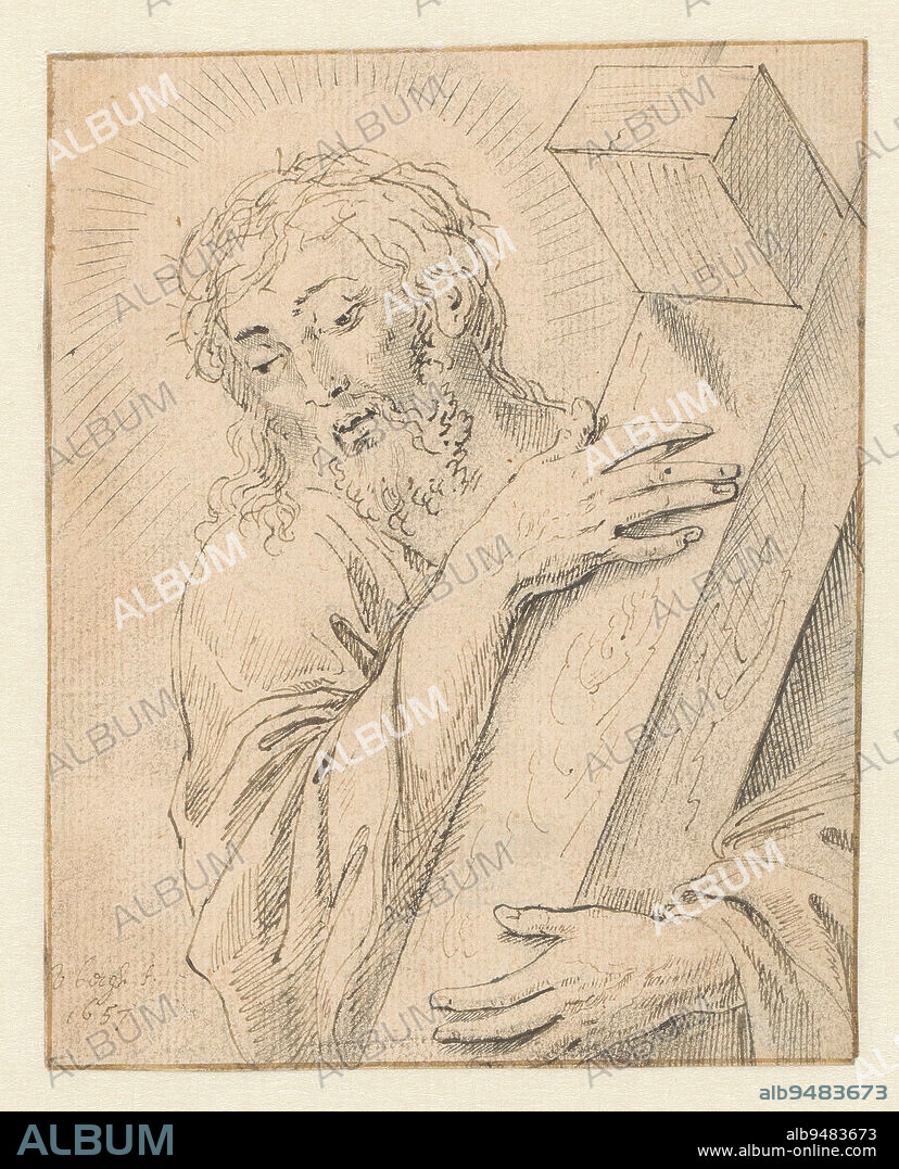 Christ with the crown of thorns and the cross, Matthys van den Bergh, 1657, draughtsman: Matthys van den Bergh, 1657, paper, pen, h 148 mm × w 119 mm.