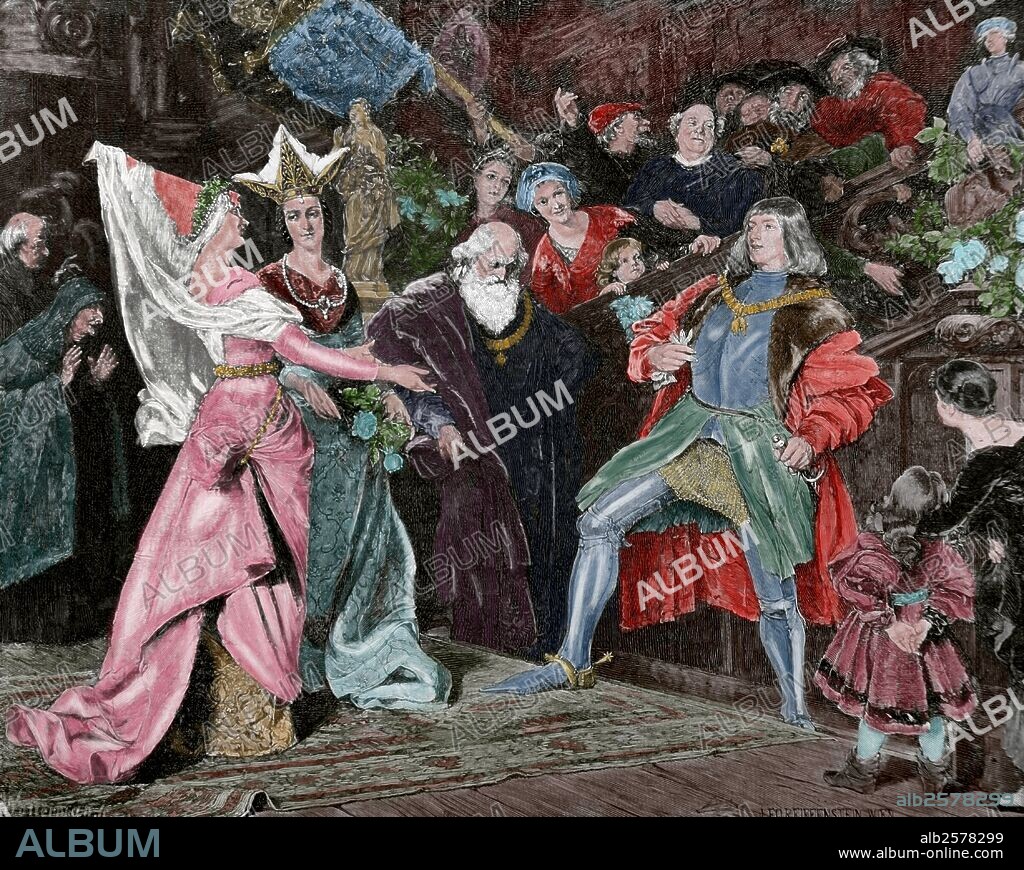 MAXIMILIANO I DE HABSBURGO (Wiener Neustadt, 1459-Wels, 1519), emperador germánico (1493-1519). Hijo de Federico III, se casó en 1477 con María de Borgoña, hija de Carlos el Temerario. Se opuso a Luís XI, que le derrotó en 1479 en Guinegatte, obteniendo los Países Bajos. Maximiliano I pidiendo su mano de esposa a la princesa María de Borgoña. Grabado de Wollerman (siglo XIX), a partir de un cuadro de León Reiffenstein. Coloreado.