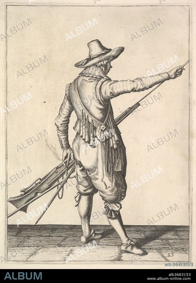 A soldier pulling out the ramrod from its holder, from the Musketeers series, plate 25, in Wapenhandelinghe van Roers Musquetten Ende Spiessen (The Exercise of Arms). Artist: after Jacques de Gheyn II (Netherlandish, Antwerp 1565-1629 The Hague); Workshop of Jacques de Gheyn II (Netherlandish, Antwerp 1565-1629 The Hague). Dimensions: plate: 10 1/2 x 7 9/16 in. (26.7 x 19.2 cm)
sheet: 13 7/8 x 10 1/2 in. (35.2 x 26.6 cm). Series/Portfolio: Wapenhandelinghe van Roers Musquetten Ende Spiessen (The Exercise of Arms).
From a series of 117 numbered plates from the military drill manual, "Wapenhandelinghe van Roers Musquetten ende Speissen" (The Exercise of Arms). The series is divided into three sets: Marksmen (42 plates), Musketeers (43 plates), and Lansquenets (32 plates). The Exercise of Arms was first published as a complete volume in 1608, and several more editions followed shortly after, with Dutch, French, German, English, and Danish versions produced.