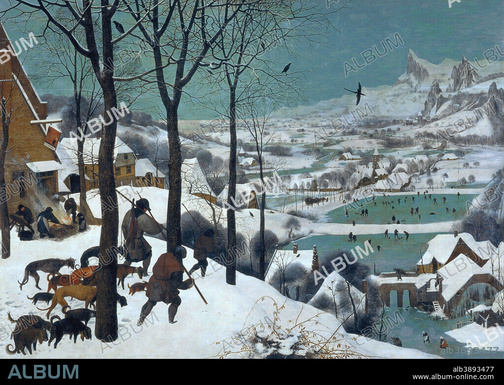 PIETER BRUEGHEL THE ELDER. Monthly cycle, scene: The Hunters in the Snow (winter). Date/Period: 1565. Painting. Oil on oak panel. Height: 1,170 mm (46.06 in); Width: 1,620 mm (63.77 in).