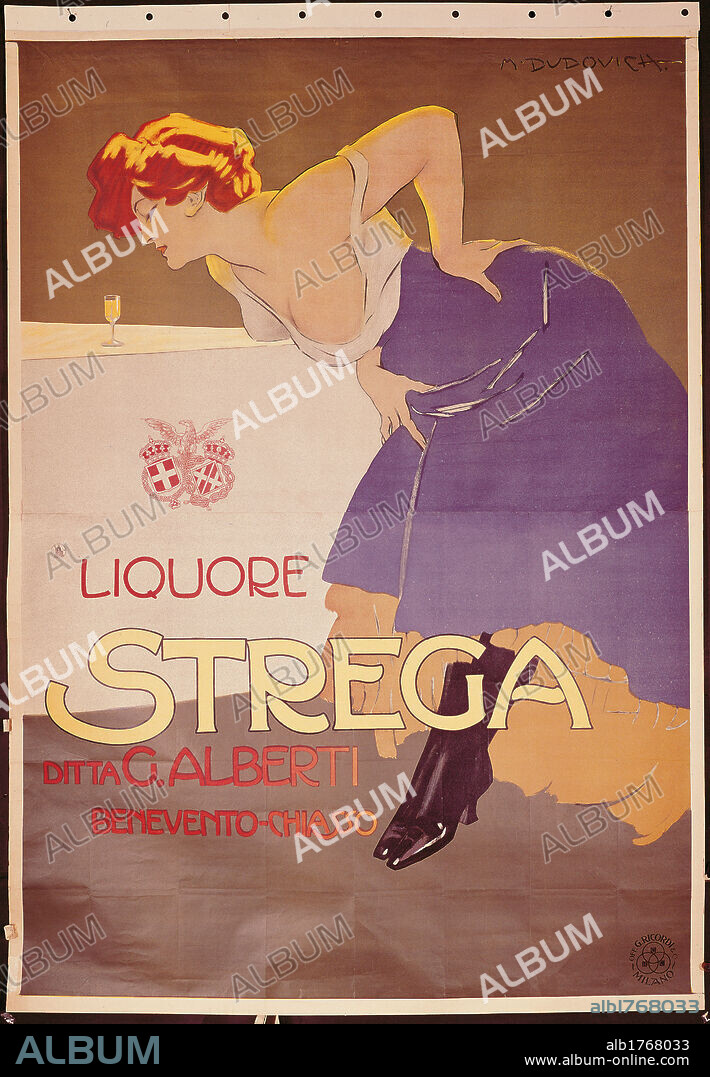 Poster for Liquore Strega, by Marcello Dudovich, 1905, 20th Century, print, cm 200 x 145. Italy, Veneto, Treviso, Treviso, L. Bailo Civic Museum, Salce Collection. All. Poster advertising inscriptions woman neckline skirt boots table tablecloth glass liqueur white purple yellow red ocher.  Please remember that author's rights have to be cleared for modern and contemporary works of arts.