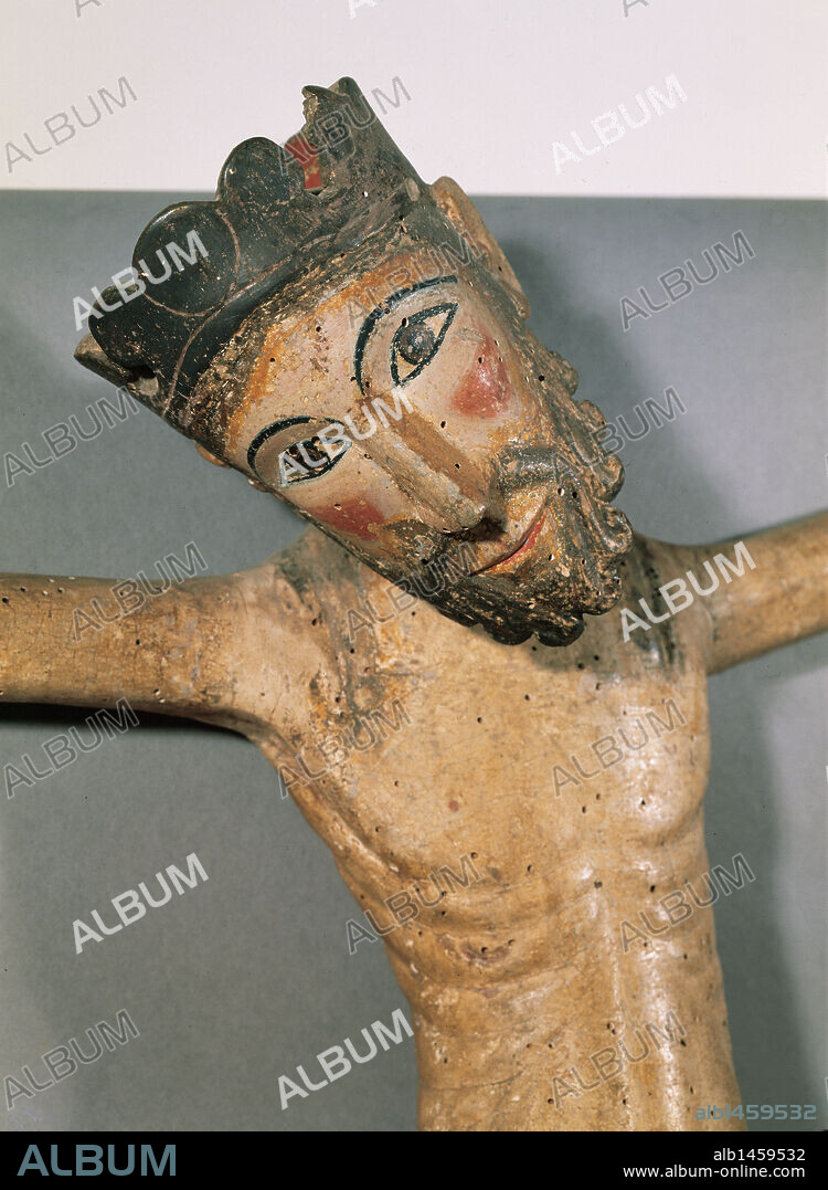 Arte románico. ESPAÑA. "CRISTO DE SOLSONA". (Detalle). Talla policromada Cristo crucificado con los brazos y pies unidos por un solo clavo. En la cabeza lleva una corona real. Tamaño: 78 x 70 cm. Fechado hacia el año 1300, o en la segunda mitad del s. XIII. Talla realizada en Solsona. Museo Episcopal de Vic. Cataluña.