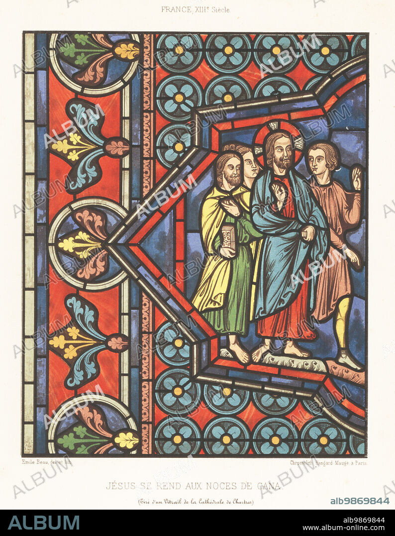 Jesus and disciples at the wedding in Cana. In the King Louis IX style with elegant draperies, large eyes, and calm attitude. From a stained-glass window in Chartres Cathedral, France, 13th century. Jesus se rend aux noces de Cana, France, XIIIe siecle. Chromolithograph by Emile Beau from Charles Louandres Les Arts Somptuaires, The Sumptuary Arts, Hangard-Mauge, Paris, 1858.