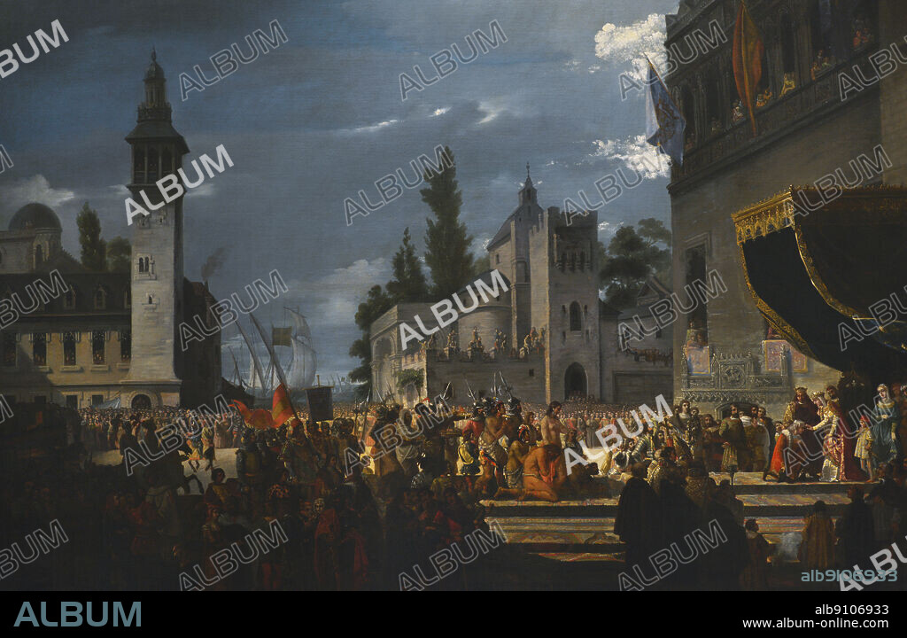 FRANCISCO GARCIA IBAñEZ (B. 1825). SPANISH PAINTER.. Columbus received by the Catholic Monarchs in Barcelona (April 1493). Oil on canvas (111 x 144 cm) by Francisco Garcia Ibañez (b. 1825), 1845. Army Museum. Toledo, Spain. (On loan from Prado Museum, Spain).