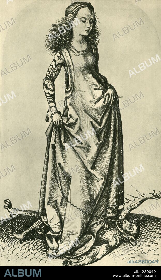 MARTIN SCHONGAUER. St Margaret trampling a demon, mid-late 15th century, (1943). Drawing in the Kupferstichkabinett, Staatlichen Museen, Berlin. From "Europäische Handzeichnungen", (Five Hundred Years of European Drawings), by Bernhard Degenhart. [Atlantis-Verlag Berlin, Zürich, 1943].