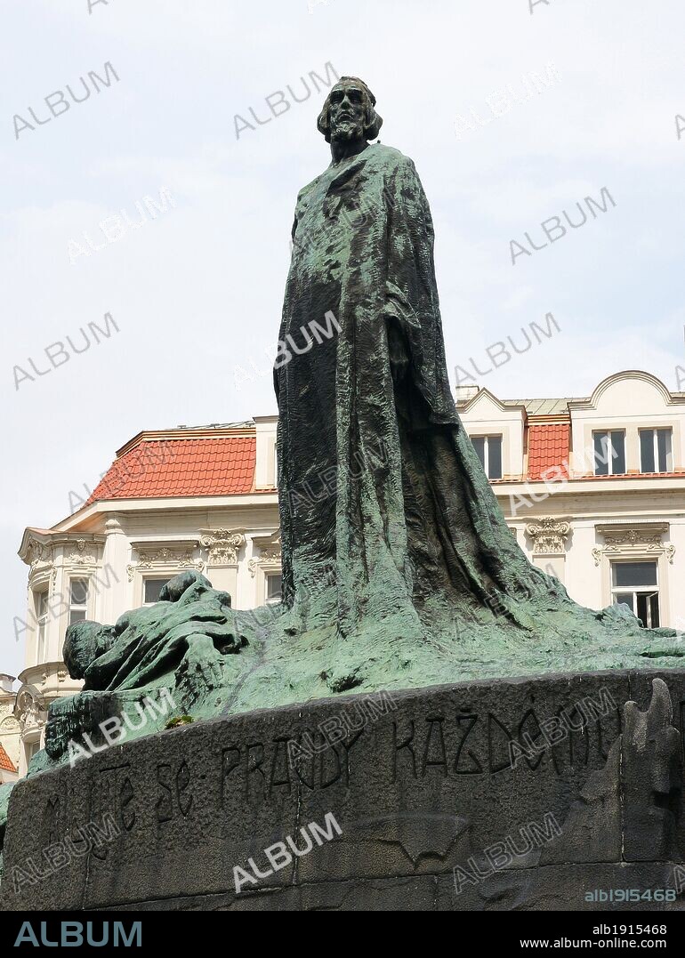 Czech Republic. Prague.  Old Town Square. Jan Hus Memorial, reformer and redecessor to Protestatism (1369-1415). Sculptural group designed by Ladislav Saloun (1870-1946), 1901-1915. Detail. Art Nouveau period.