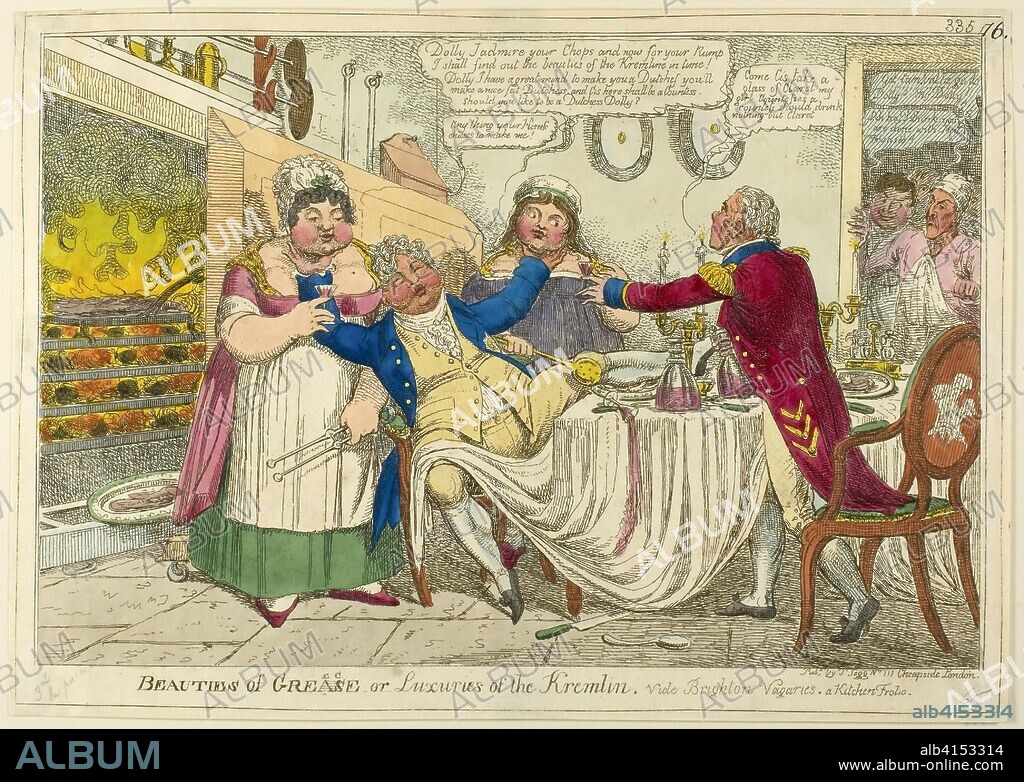 Beauties of Grease [altered to] Greece -- or -- Luxuries of the Kremlin. Vide Brighton Vagaries. A Kitchen Frolic. Isaac Robert Cruikshank (English, 1789-1856); published by Thomas Tegg (English, 1776-1845). Date: 1815-1820. Dimensions: 240 × 335 mm. Hand-colored etching on ivory wove paper. Origin: England.