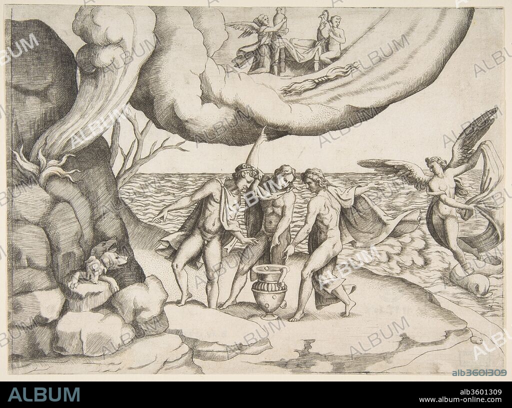 Jupiter, Neptune and Pluto dividing the universe. Artist: Giulio Bonasone (Italian, active Rome and Bologna, 1531-after 1576). Dimensions: sheet: 7 11/16 x 10 1/4 in. (19.5 x 26.1 cm). Series/Portfolio: One of four prints depicting the 'Division of the Universe'. Date: 1531-76.