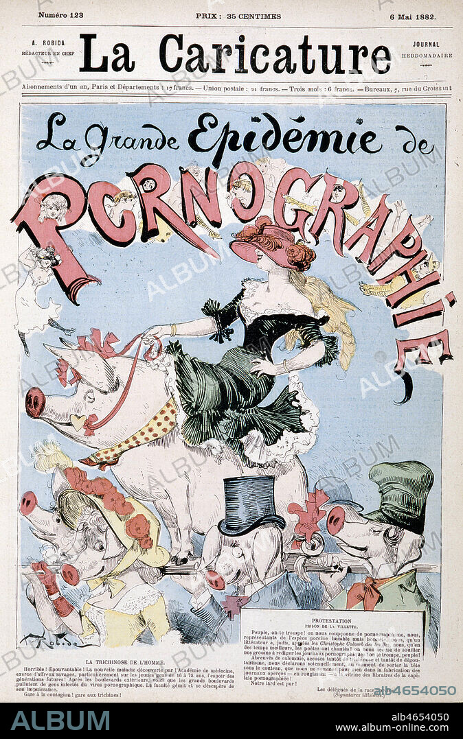 'La grande epidemie de pornographie' Cochons habilles portant une femme montee sur un cochon. Caricature amusante a propos des theatres et spectacles parisiens taxes de pornographiques. Illustration de ROBIDA pour La CARICATURE, Mai 1882. Crdit Collection Kharbine Tapabor.