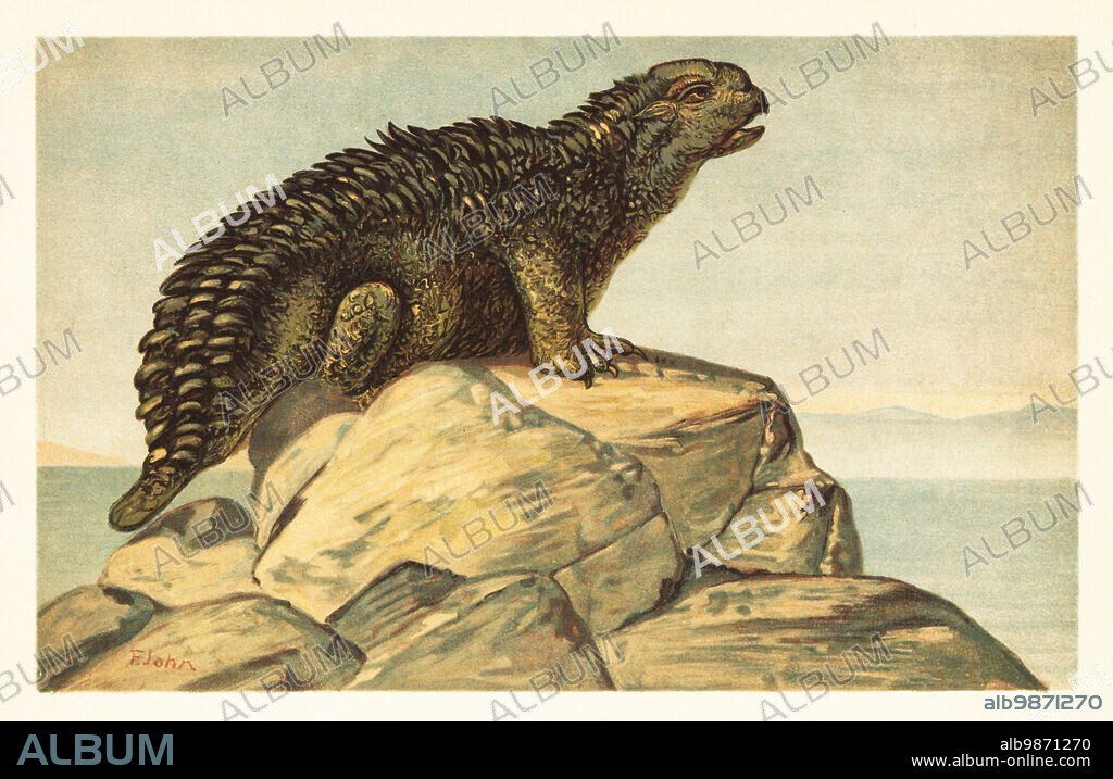 Hylaeosaurus armatus, extinct herbivorous ankylosaurian dinosaur of the late Valanginian stage of the early Cretaceous. Hylaeosaurus oweni Mantell. Colour printed illustration by F. John from Wilhelm Bolsches Tiere der Urwelt (Animals of the Prehistoric World), Reichardt Cocoa company, Hamburg, 1908.