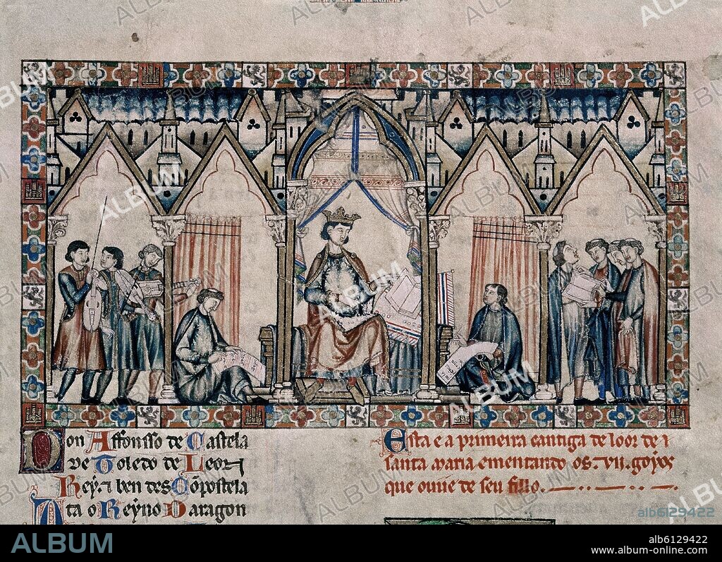 ALPHONSE X DE CASTILLE LE SAGE. Spanish school. The Cantigas de Santa Maria (manuscript with music notations): King Alphonse X and the translators from Toledo. 13th century. Canticle n°1, folio 5. Madrid, Library of the Escorial.