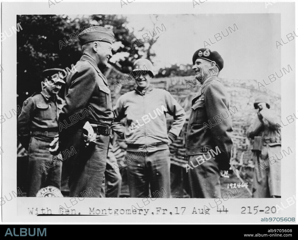 U.S. Generals George Patton & Omar Bradley with British Field Marshall Bernard Montgomery, France, July 7, 1944.