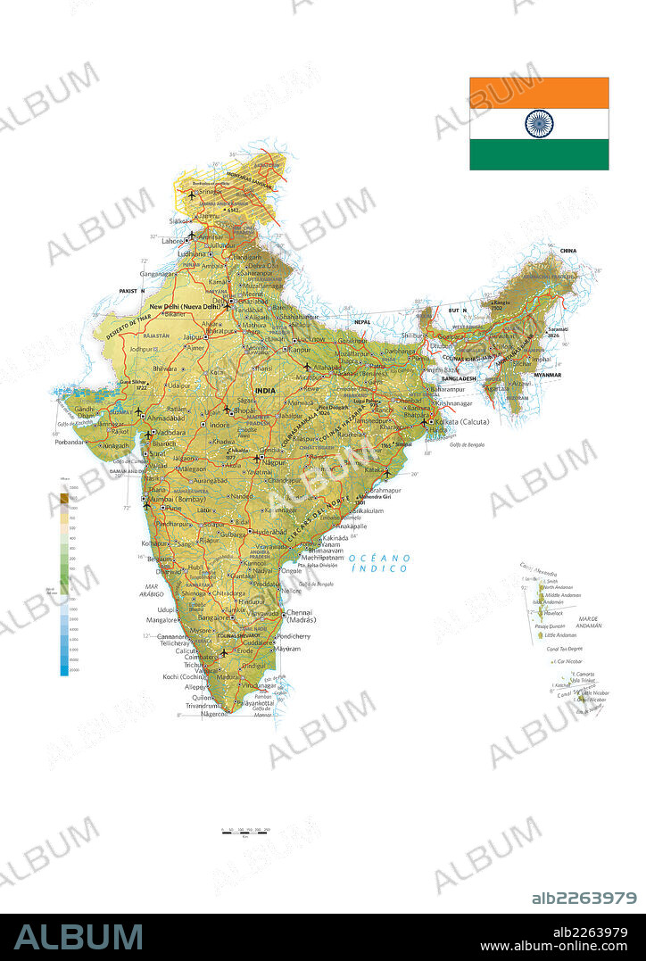 India. Mapa físico y político de India.