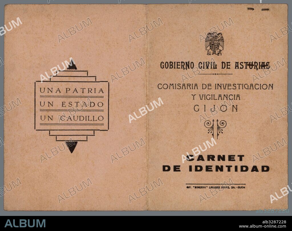 España. Carnet de Identidad expedido por la Comisaría de Investigación y Vigilancia del Gobierno Civil de Asturias. Gijón, marzo de 1940.