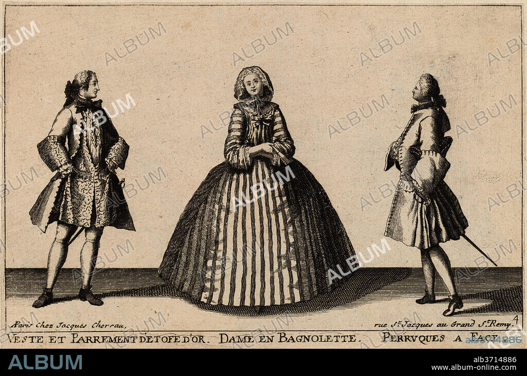 PUBLISHED BY JACQUES CHéREAU. Veste et Parrement d'Etofe d'Or/Dame en Bagnolette/Perruques à Face. Dated: 1720s(?). Dimensions: plate: 16.2 x 24.4 cm (6 3/8 x 9 5/8 in.)  sheet: 23.5 x 33.6 cm (9 1/4 x 13 1/4 in.). Medium: engraving with etching on laid paper.