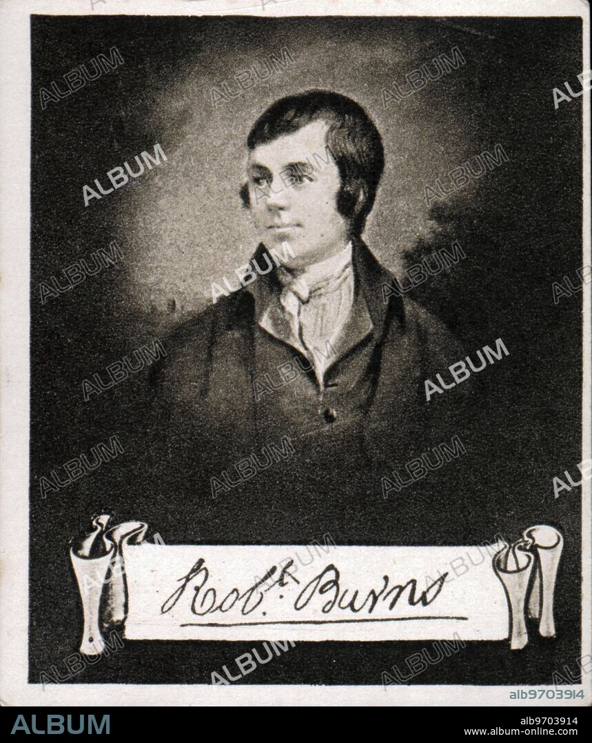 ROBERT BURNS. From the original at the National Portrait Gallery Painting by Alexander Nasmyth. His original signature can be seen at the British Museum, London, on a letter addressed to Lady Winifred Maxwell Constable, 25th April, 1791. The Scottish national poet. Born 1759. From his fourteenth year he did the work of a grown ploughman. His first song, "Hansom Nell" was written at the age of sixteen in honour of a harvest partner. In 1785-86 wrote the contents of the "Kilmarnock Volume". Second volume of poems published at Edinburgh, which brought Burns £500 and kindled enthusiasm over all Scotland. Acknowledged Jean Armour as his wife, and settled in 1788 on the farm of Ellisland, Dumfriesshire. Left the farm and appointed excise officer then port officer. Died from exposure to the weather July 1796.