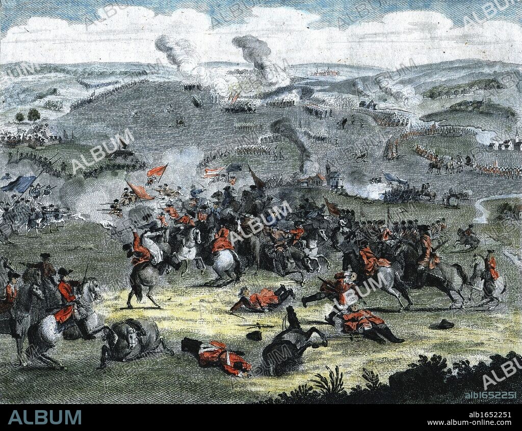 Battle of Blenheim (Hochstadt) 13 August 1704 (new style). Marlborough and Prince Eugene of Savoy victorius. War of the Spanish succession. Hand - colored engraving.