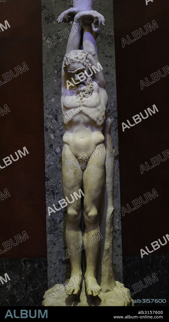 "Marsias". Sátiro atado a un árbol antes de ser degollado por Apolo, tras perder la competición musical. Escultura roman del siglo I-II d. C. Mármol. Fragmento de un grupo escultórico original griego del siglo III AC. Museo del Hermitage (The State Hermitage Museum). San Petersburgo. Rusia.