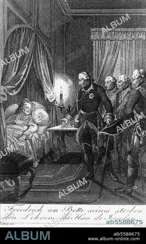 Friedrich II. (der Große), König von Preußen (1740-86); 1712-1786. "Friedrich am Bette seines sterbenden Lehrers du Han de Jandun" (Jacques Egide Duhan de Jandun, 1685-1746; Lehrer des Kronprinzen ab 1716). Kupferstich von Wilhelm Jury (1763-1829) nach Zeichnung von Ludwig Wolf (1776-1832). 9,8 × 6,4 cm. Berlin, Sammlung Archiv für Kunst und Geschichte.