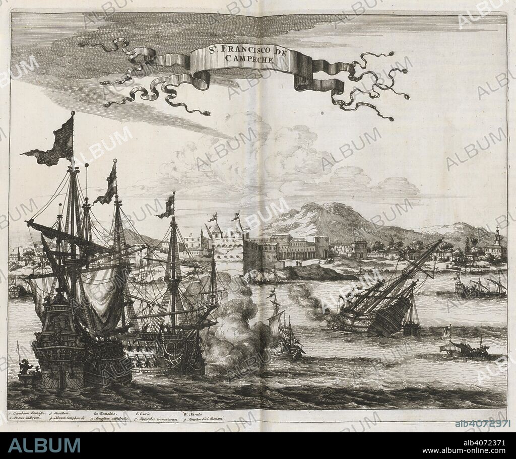 JOHN OGILBY. St. Francisco de Campeche- a naval battle. America, being the latest and most accurate description of the New World; containing the original of the Inhabitants, and the remarkable voyages thither: the conquest of Mexico and Peru, and other provinces and territories, with the several EuropÃ¦n plantations in those parts; with an appendix containing a survey of the unknown South-Land and the Arctick Region. London, 1671. Source: 457.f.14, 223.