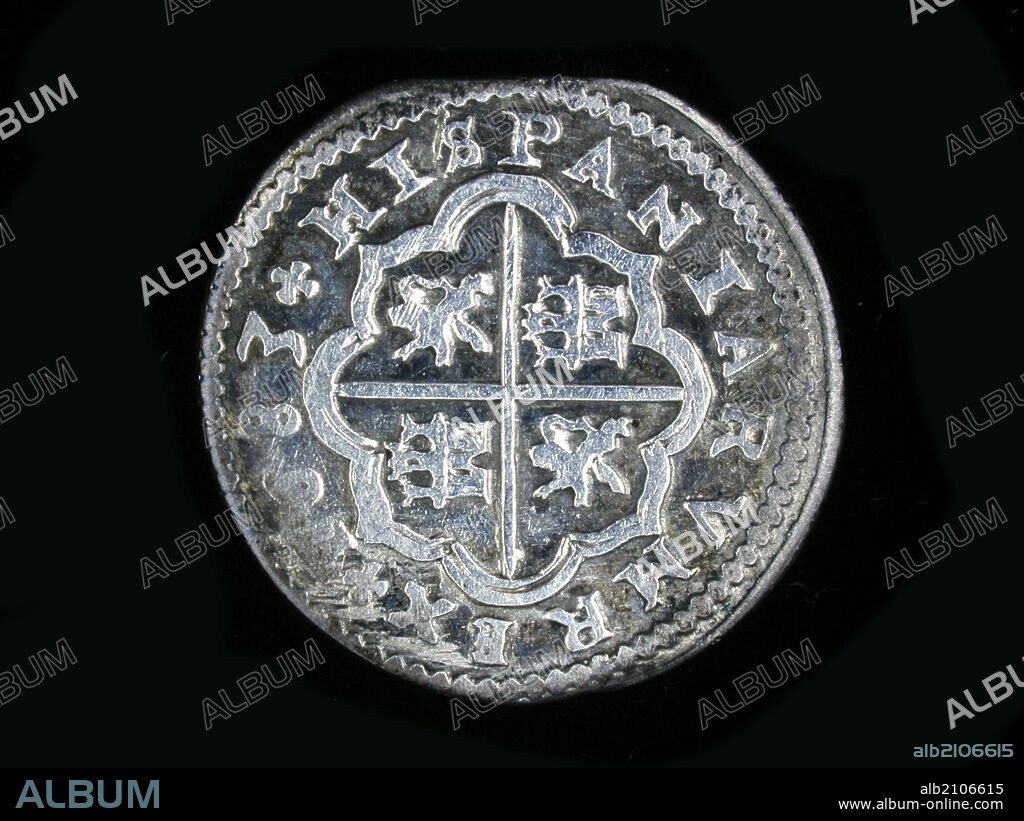 NUMISMATICA. MONEDA MODERNA. UN REAL DE PLATA, DE CARLOS II. REVERSO. CASTILLOS Y LEONES ALTERNANDOSE DENTRO DE UNA CRUZ Y RODEADO DE OCHO SEMICIRCULOS.1683. (DEPOSITO: MUSEO ARQUEOLOGICO NACIONAL).